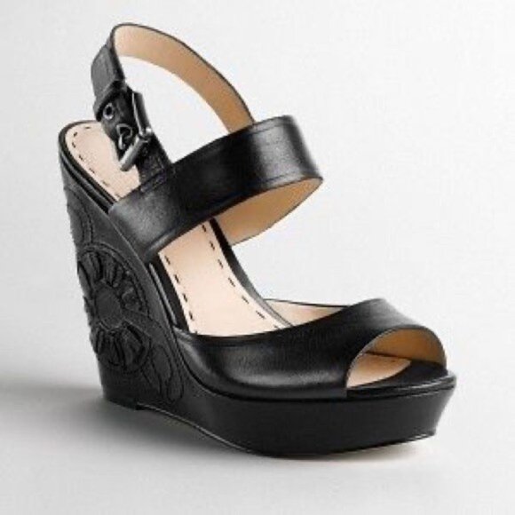 Coach Julia Platform Wedge Heels Slingback Sandals Nappa Leather Black Sz 11 EUC - Picture 1 of 13